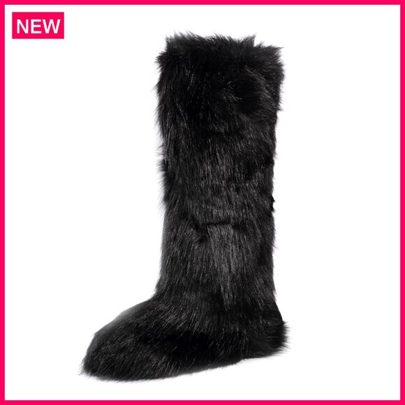 Faux Fur Knee High Winter Boots Women Flat Snow Boots Warm Fuzzy Fluffy